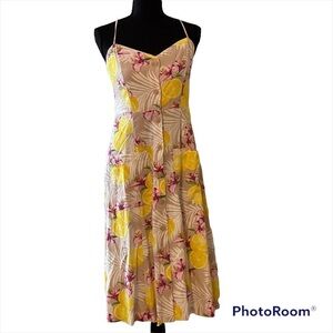 Forever 21 button front lemon floral novelty print open strappy back midi LG NWT